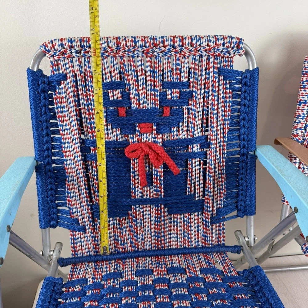Vtg Set 2 Aluminum Folding Lawn Chair Child Sz Macrame Weave‎ Woven Chair Match